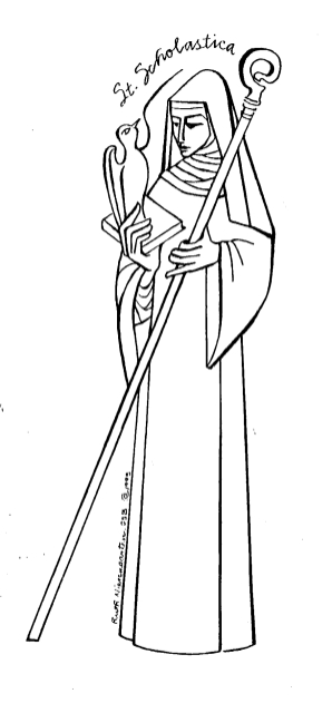 St. Scholastica line drawing by Sister Ruth Nierengarten